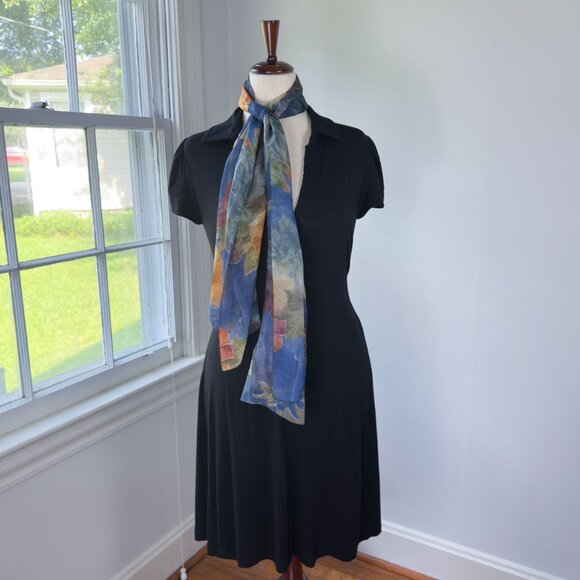 Sheer Chiffon Floral Blue Scarf Dark Cottagecore Summer - Picture 1 of 6